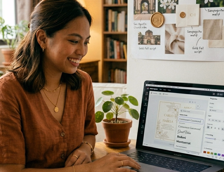 A Filipino woman in her late 20s sits at a home desk with a laptop open to the Adobe Express interface showing a wedding invitation design with typography controls and an Adobe font selection menu visible on the side panel in soft natural window light.