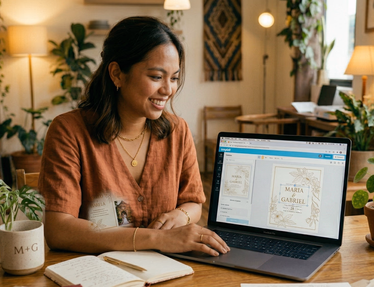 A Filipino woman in her late 20s sits at a kitchen table with a laptop showing the Templett browser editor, a purchased wedding invitation template open with her details being edited, and a second browser tab showing an Etsy template listing visible in warm indoor lighting.