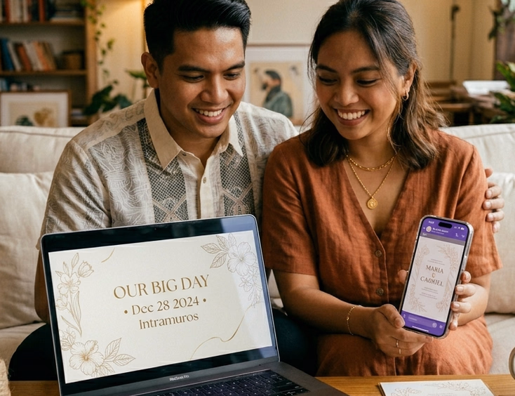 A Filipino couple in their late 20s sits together on a couch watching a short animated wedding invitation video on a laptop screen showing their names and wedding details with soft motion graphics, the woman holding a phone showing the same video in a Viber chat in warm living room lighting.
