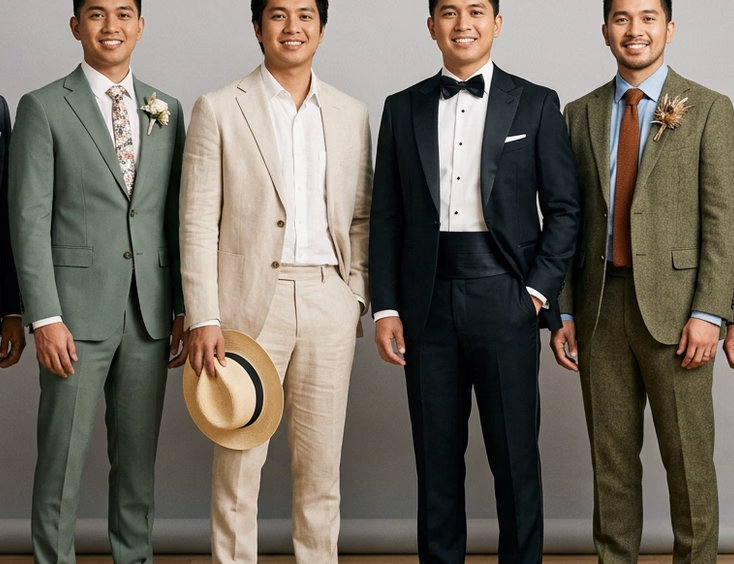Composite editorial photo of six Filipino grooms each wearing a different theme-appropriate suit from charcoal three-piece to black tuxedo against a neutral studio backdrop