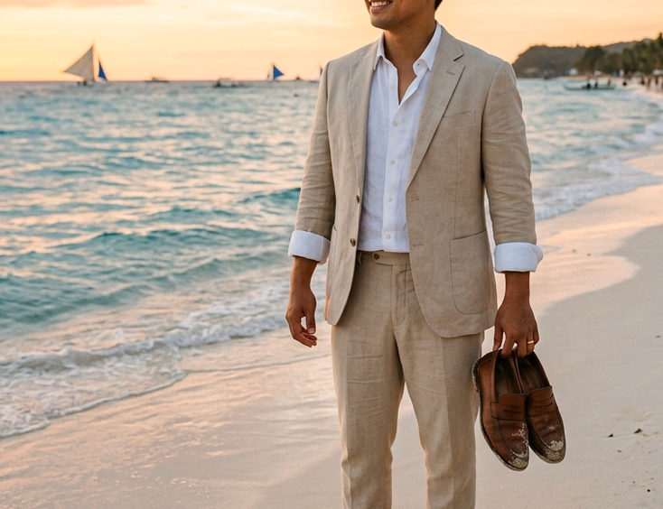 Filipino groom in a beige linen suit with rolled sleeves and brown leather loafers standing barefoot on a Boracay beach at golden hour sunset