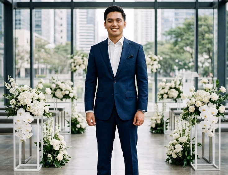 Filipino groom in a slim-fit deep navy suit with peak lapels standing inside a minimalist glass chapel in BGC with floor-to-ceiling windows and white floral arrangements