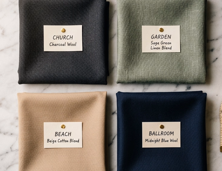 Flat lay of four wedding suit fabric swatches labeled by venue theme including charcoal wool, sage green linen, beige cotton, and midnight blue wool on a marble surface