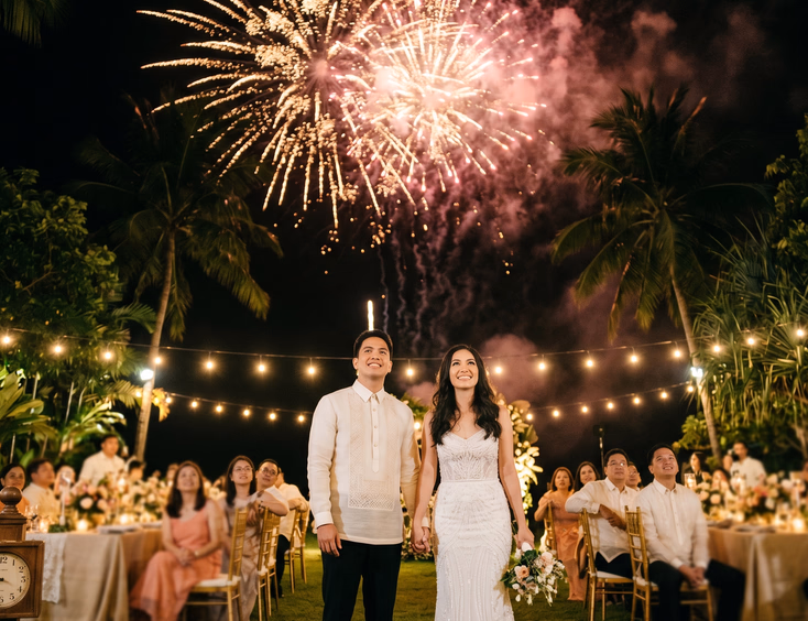 Filipino bride and groom in barong tagalog watching a gold and pink fireworks finale at a tropical garden wedding reception at night.