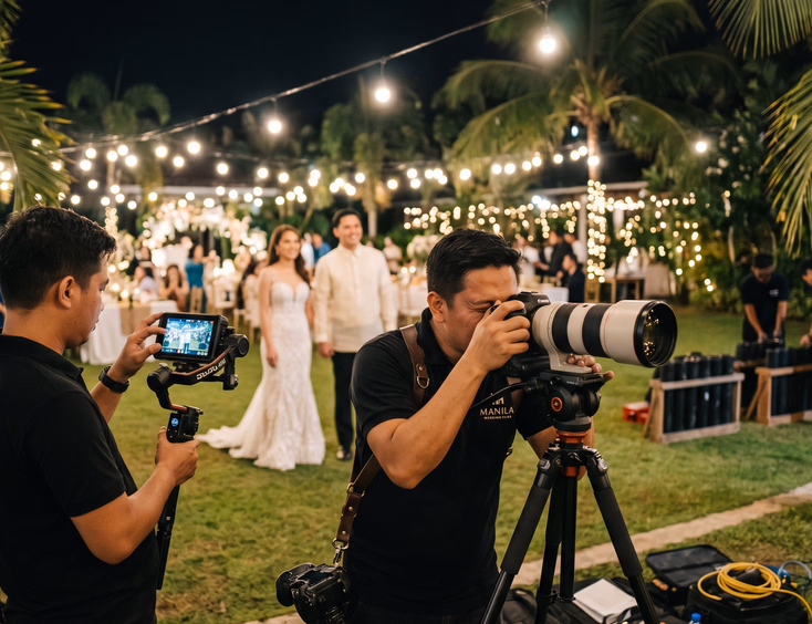 Filipino wedding photography and videography crew setting up cameras to capture a night fireworks display at a garden venue.