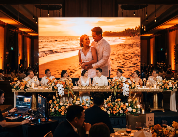 Filipino wedding reception head table with large LED wall displaying sunset beach prenuptial photo casting warm orange glow across ballroom
