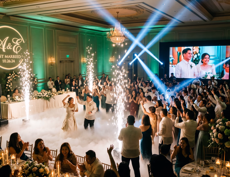 Grand Filipino wedding reception peak moment with sage green uplights, gobo monogram, cold pyro sparks, low-lying fog, moving head beams, and same-day edit video on LED wall