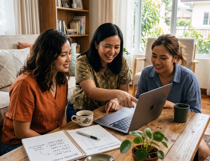 Three Filipino women sitting around a living room coffee table reviewing a shared budget spreadsheet on a laptop with handwritten notes and coffee cups nearby in bright natural daylight