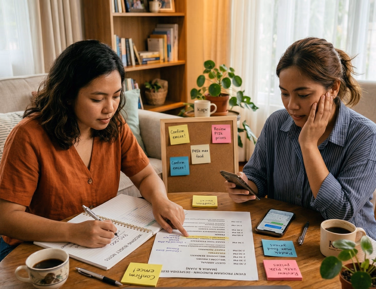 Two Filipino women planning an event together at a dining table with a printed program rundown sticky notes and planning materials spread out under warm indoor lighting