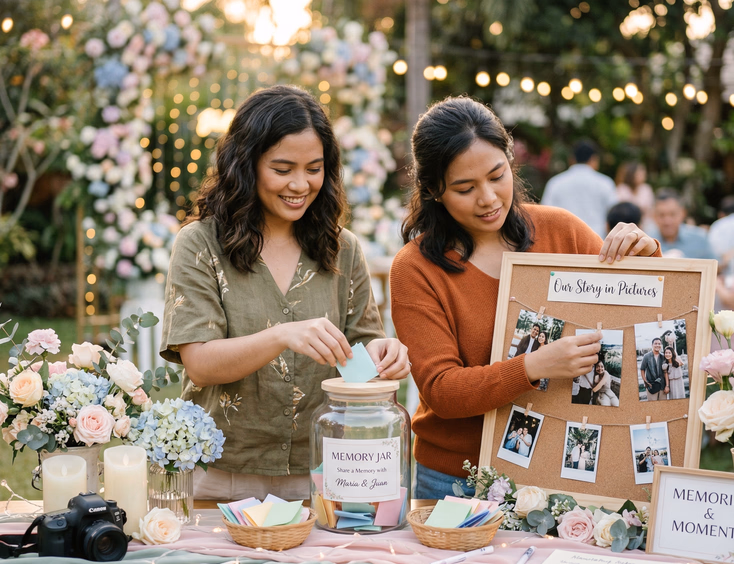 Two Filipino women arranging a memory jar and printed photo display on a decorated table with pastel flowers and string lights in the background at an event venue