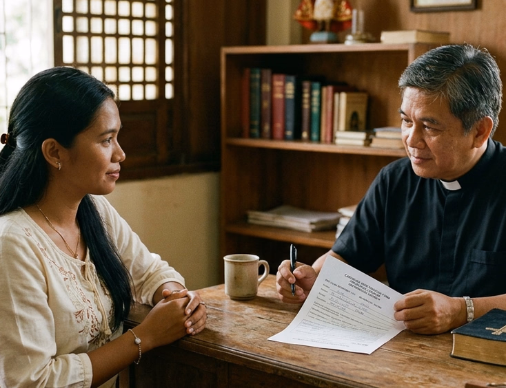 Filipina bride-to-be undergoing a canonical interview with a Filipino parish priest inside a sunlit Philippine parish office.