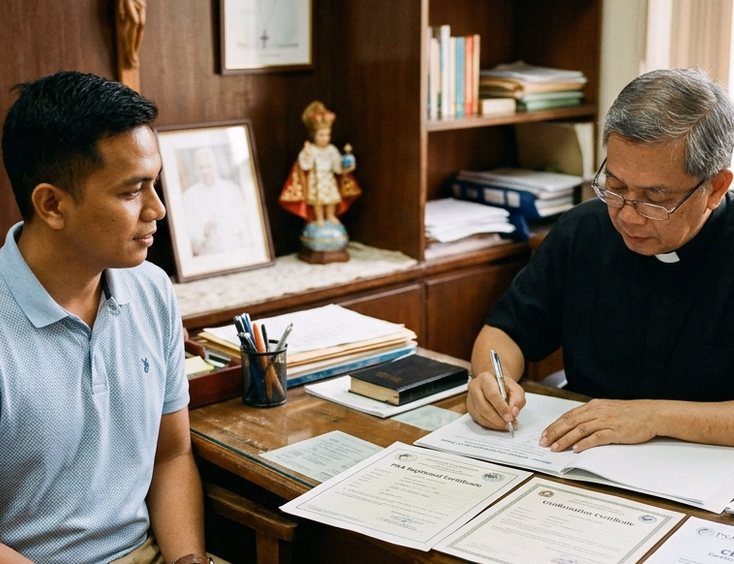 Filipino groom-to-be presenting baptismal and CENOMAR documents during a canonical interview with a parish priest inside a Philippine parish office.