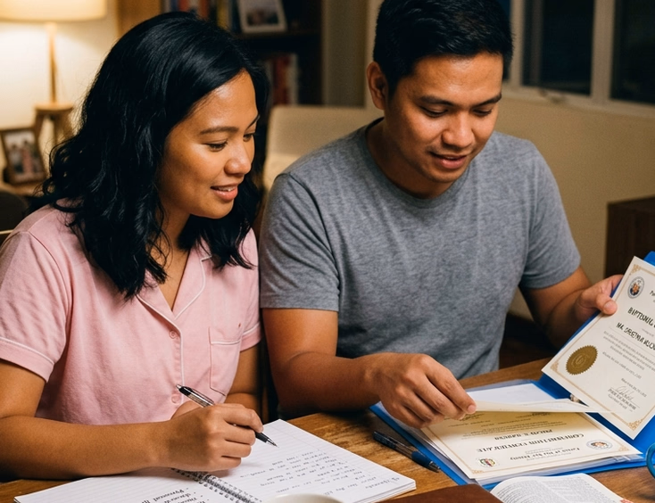 Filipino engaged couple reviewing documents and interview questions at home the night before their canonical interview.