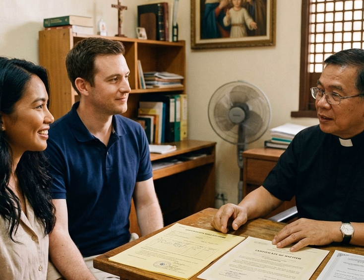 Filipina bride-to-be and her foreign fiancé submitting dispensation and legal capacity documents during a canonical interview with a Filipino parish priest.