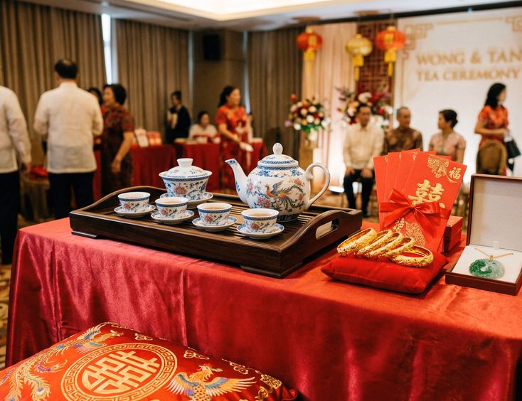 Close-up styled flat lay of Chinoy tea ceremony table with white and blue porcelain tea set gold bangles jade necklace and red ang pao envelopes on red satin in Philippine hotel function room