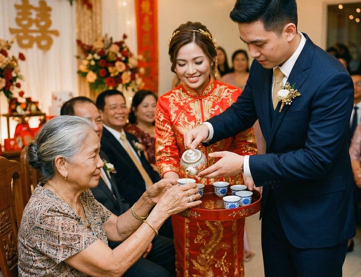 Candid close-up of Filipino Chinese groom pouring tea while bride in red qipao holds red lacquered tray toward elderly grandmother at Chinoy wedding tea ceremony in the Philippines