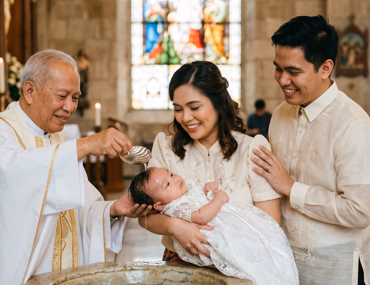 Filipino priest pouring holy water on a baby during a Catholic church baptism with parents.