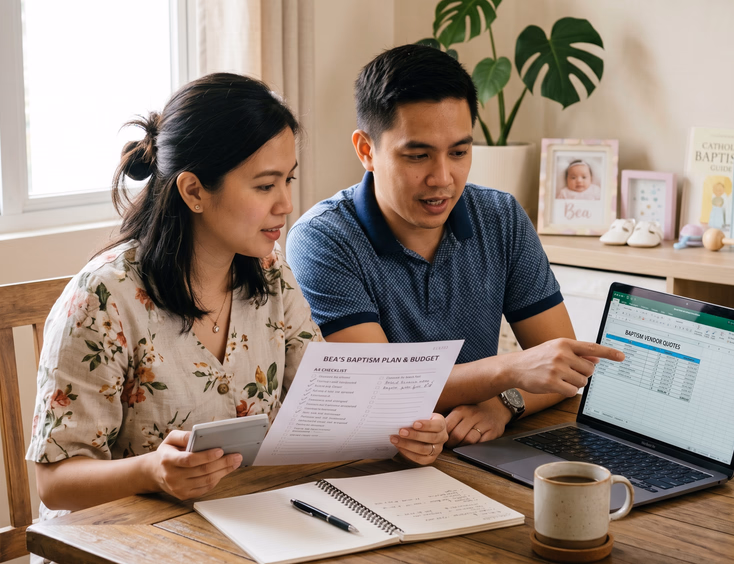 Filipino couple planning a baptism budget using a laptop and checklist at home.