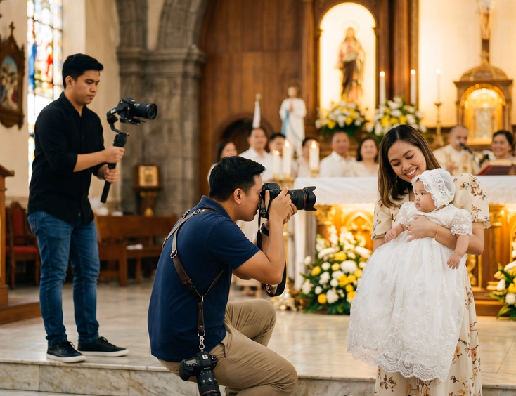 Professional photographers capturing a Filipino baby baptism ceremony inside a church.