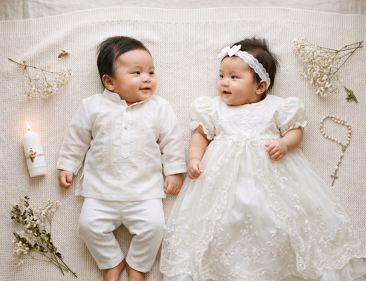 Filipino baby boy in a mini barong and baby girl in a white christening gown lying on a blanket.