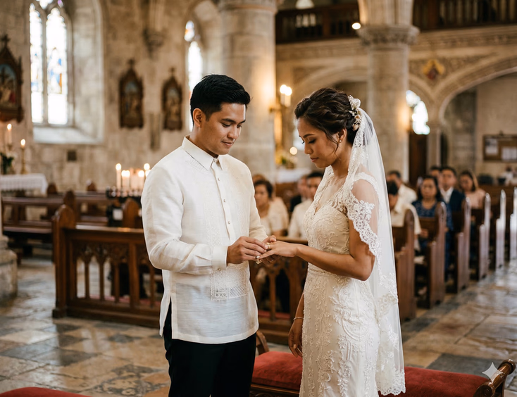 A Filipino couple in their late 20s exchange wedding rings inside a warmly lit Catholic church in the Philippines. The groom in a white Barong Tagalog gently slides a gold band onto the bride's finger as she watches with a quiet, emotional expression. Candlelight and filtered daylight cast a soft glow over the wooden pews and stone columns in the background.