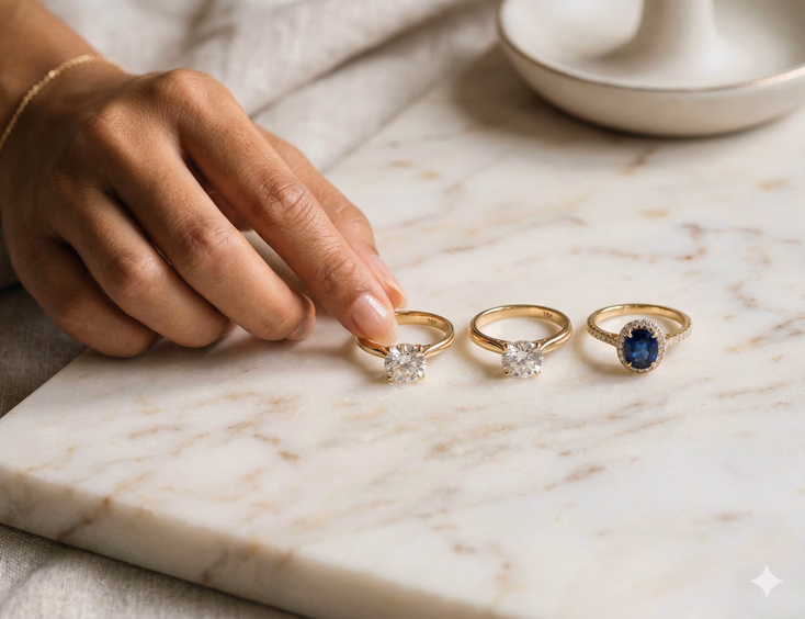 A flat lay of three elegant rings — moissanite, lab-grown diamond, and blue sapphire — each set in an 18K gold band, arranged on a white marble surface. A Filipino woman's hand with morena complexion reaches in from the left, fingertips lightly touching the moissanite ring under soft natural light that creates a gentle sparkle across all three stones.