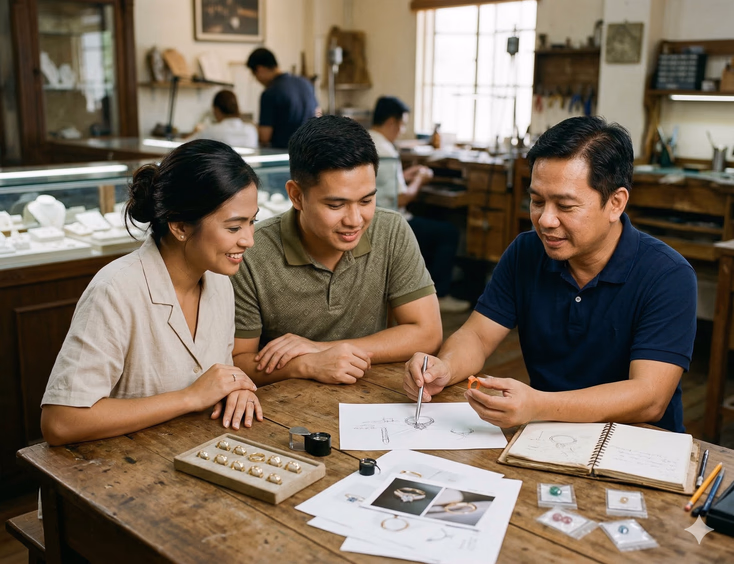 A Filipino couple in their late 20s consults with a Filipino jeweler at a wooden workshop table. The jeweler holds a wax ring model and points to a design sketch while the couple leans in with engaged expressions. Gold ring samples, a loupe, and reference photos are spread across the table, with jewelry display cases softly blurred in the background.