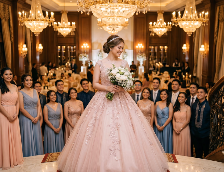 Filipino debutante in a blush ball gown on a grand staircase holding white roses, with her 18 court members in a glowing Manila ballroom.