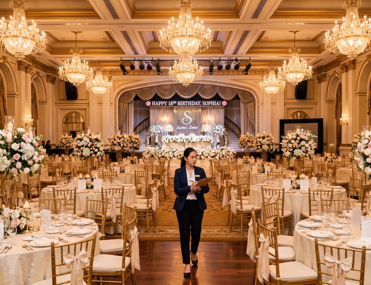 Opulent Manila ballroom for a Filipino debut featuring pink floral centerpieces, gold chairs, and an event coordinator with a clipboard.