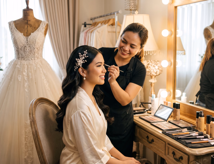 Filipino makeup artist styling a debutante at a vanity mirror, with her white ball gown hanging in a naturally lit dressing room.