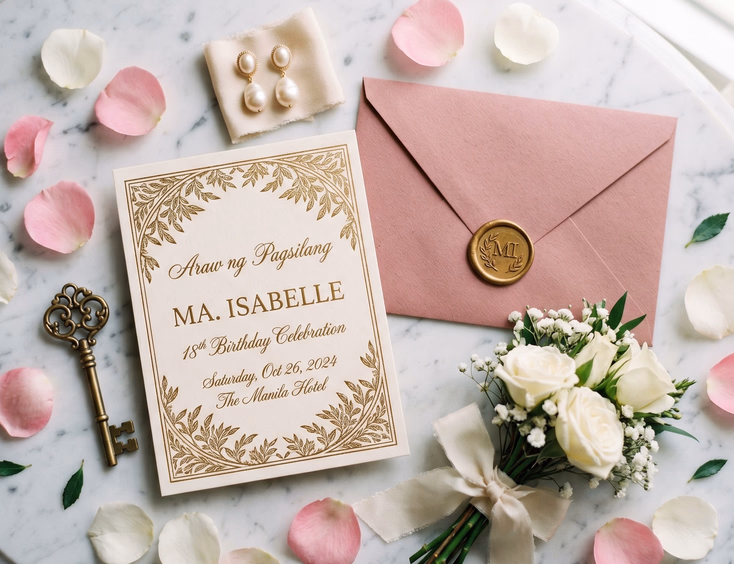 Flat lay of an elegant Filipino debut invitation suite on marble with gold foil cards, a wax-sealed envelope, and white roses.