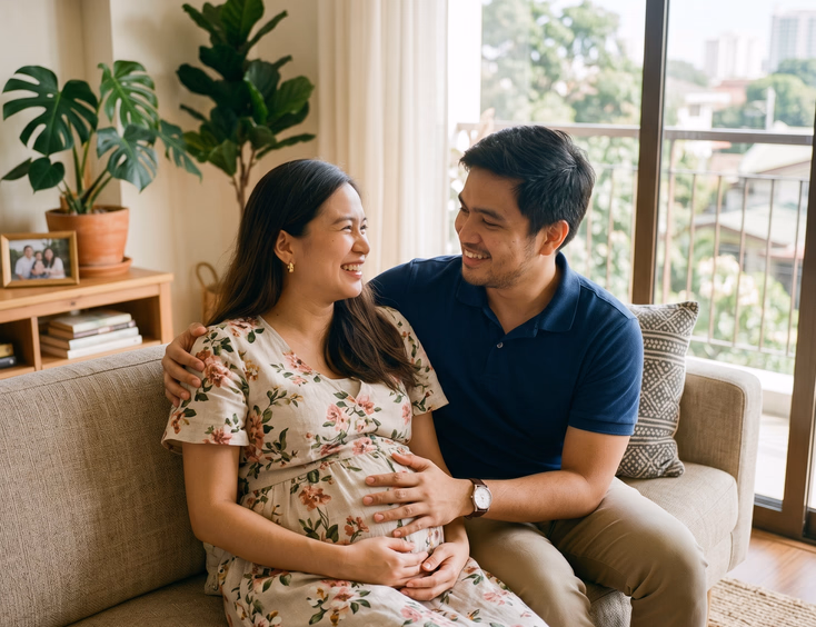 A young Filipino father gently places his hand on his pregnant wife's belly as they smile warmly together in a sunlit Manila living room.