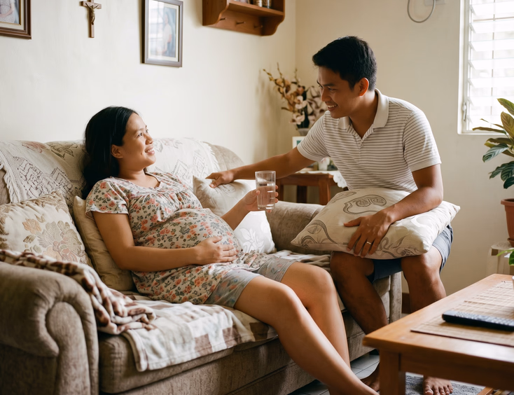 An attentive Filipino husband brings a glass of water and a pillow to his pregnant wife resting on a couch in their cozy modern home.