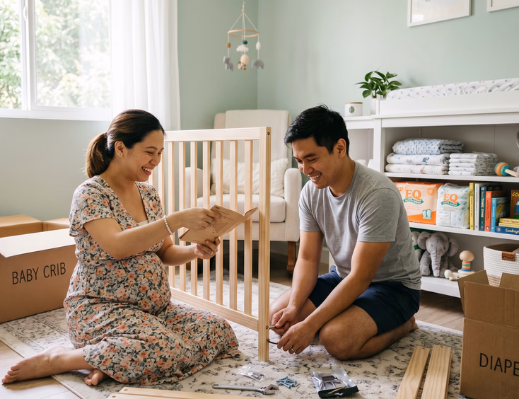 An expectant Filipino couple happily assembles a wooden baby crib together in a bright, clean nursery filled with essential baby items.