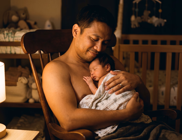 A loving Filipino father holds his newborn baby against his bare chest for skin-to-skin contact during a late-night nursery feeding.