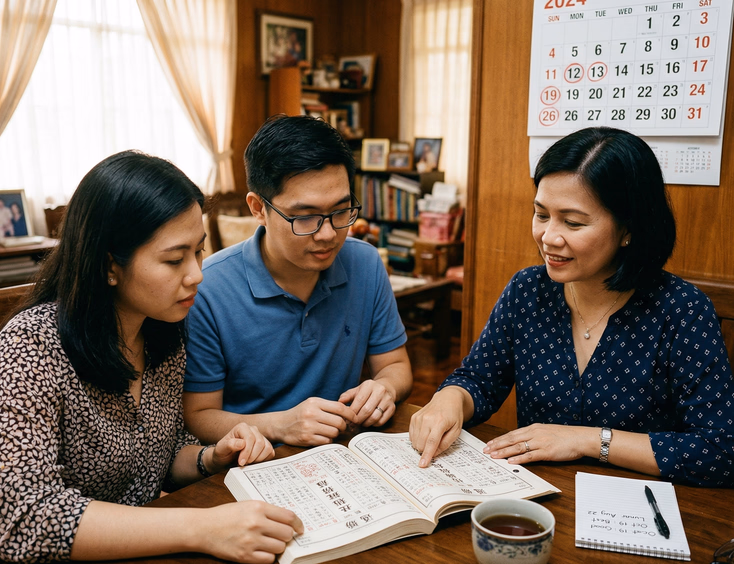 Filipino Chinese couple selecting a wedding date at a wooden desk with a Filipino female feng shui consultant pointing at a lunar date in a traditional Chinese almanac beside a Gregorian calendar with circled dates, warm natural window lighting