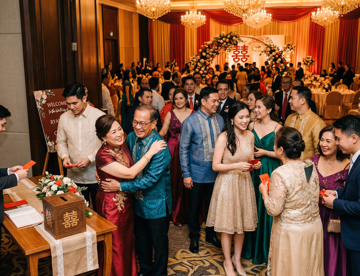 Wide candid shot of Filipino and Filipino Chinese wedding guests arriving at a Chinoy reception, formally dressed in deep red gowns, gold cocktail dresses, jewel-toned barong tagalog, and emerald suits, greeting each other near an entrance ang pao box under warm amber chandelier lighting