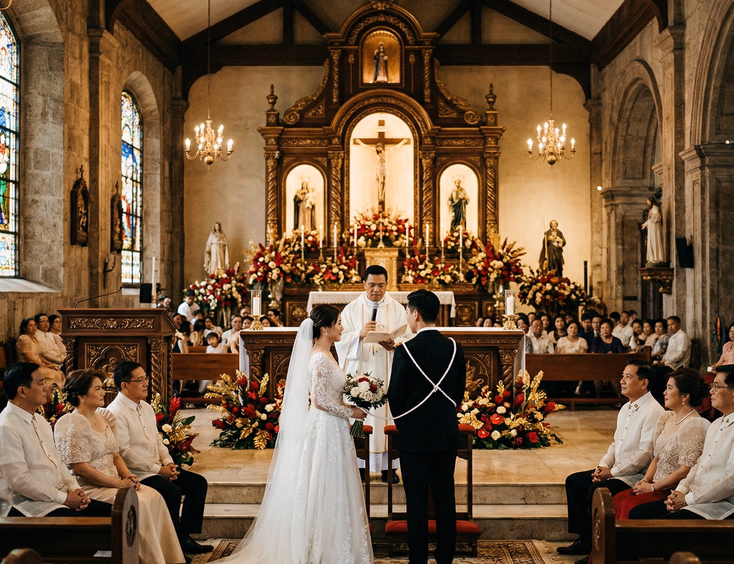 Filipino Chinese couple during a Catholic church ceremony in a traditional Philippine church, bride in white lace gown and groom in black suit before a Filipino priest with a lazo looped around their shoulders, red and gold floral arrangements flanking the altar