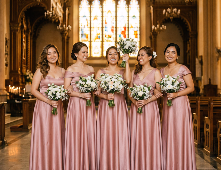 Filipino bridesmaids in dusty rose satin gowns holding white sampaguita and rose bouquets inside an ornate Catholic church in the Philippines with warm stained glass light