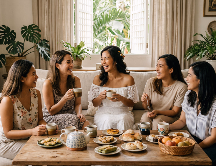 Filipino bride and friends laughing over coffee and merienda in a bright airy sala, candid lifestyle wedding photo with morena and mestiza women in the Philippines