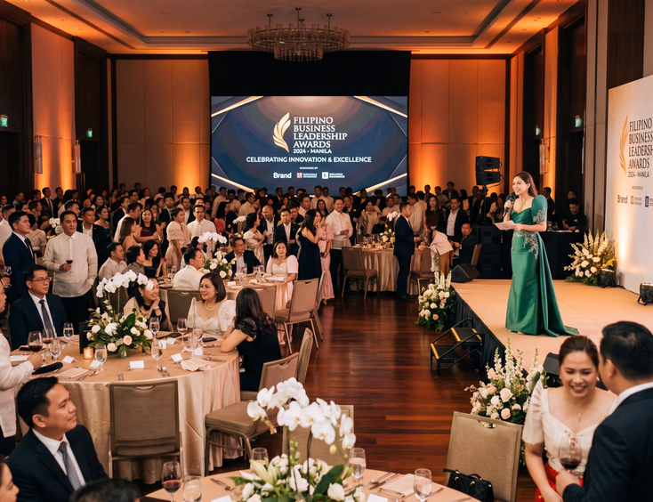 Elegant corporate event in a Manila ballroom with guests in formal attire and a Filipina emcee in a modern terno gown on stage.