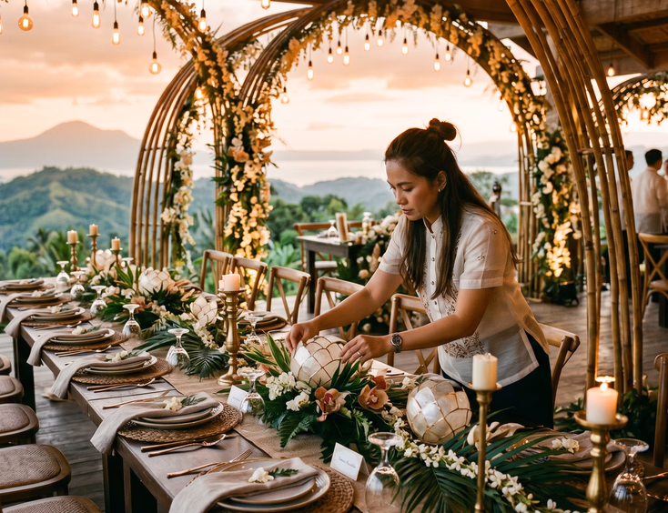 Filipiniana-themed corporate event setup in Tagaytay with an event stylist arranging capiz shell centerpieces on a long table.