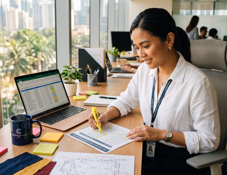 Filipina HR manager planning a corporate event at a Manila office desk with a timeline checklist, laptop, and venue floor plan.