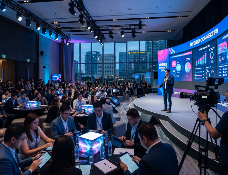 Modern hybrid corporate event in BGC Manila with a speaker on stage before an LED wall, livestream camera, and tech setup.