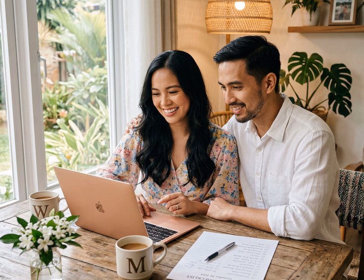 Filipino couple reviewing wedding website on laptop at wooden dining table with sampaguita flowers and coffee