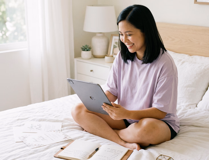 Filipina woman browsing wedding website on tablet while sitting on bed with invitation samples and handwritten notes