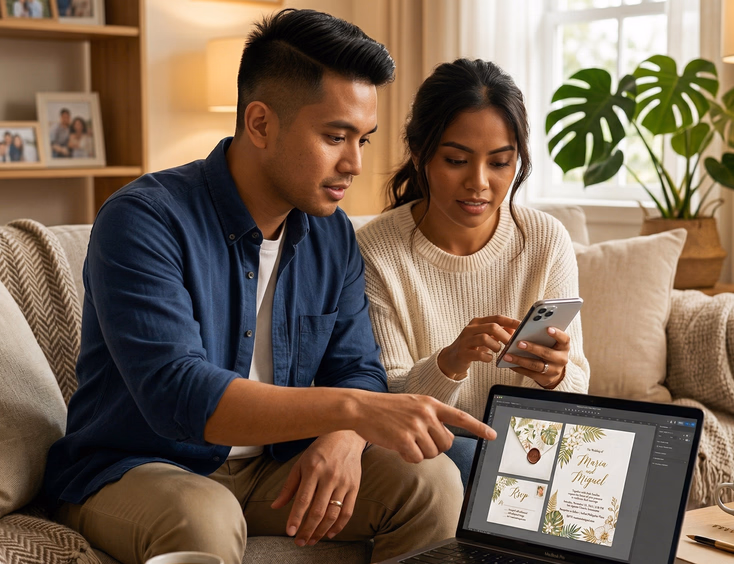 A Filipino couple in their late 20s sit together on a couch reviewing a digital wedding invitation design on a laptop, the man pointing at the screen while the woman types on her phone, in a warm and cozy living room.