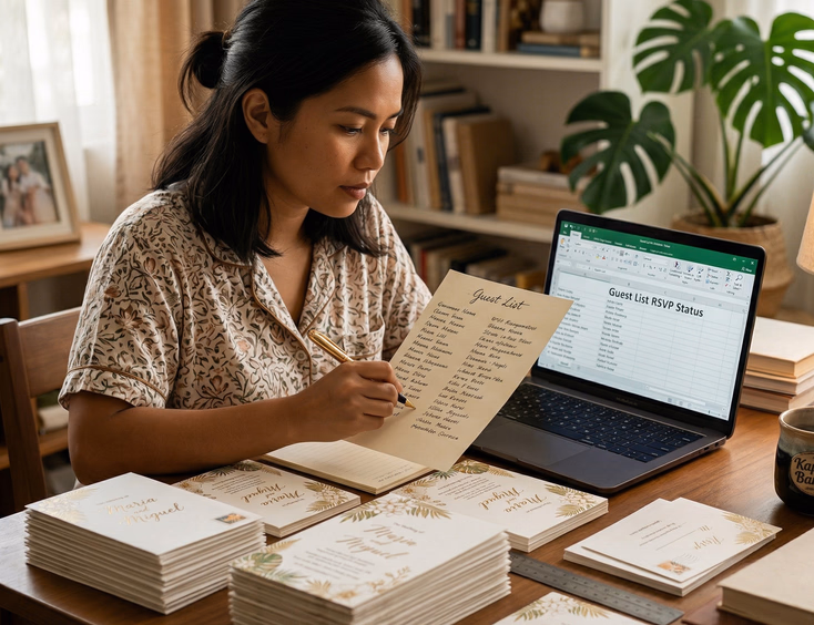 A Filipino woman in her early 30s sits at a desk in a home office, reviewing a handwritten guest list beside an open laptop and a cup of coffee, surrounded by stacks of printed wedding invitation envelopes with a focused expression.