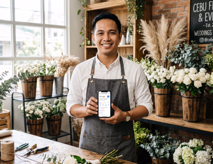 Filipino wedding florist in a Cebu City flower shop holding a smartphone with five-star Google reviews.
