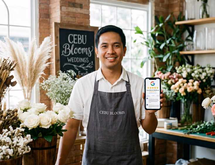 Filipino wedding florist in a Cebu City flower shop holding a smartphone with five-star Google reviews.